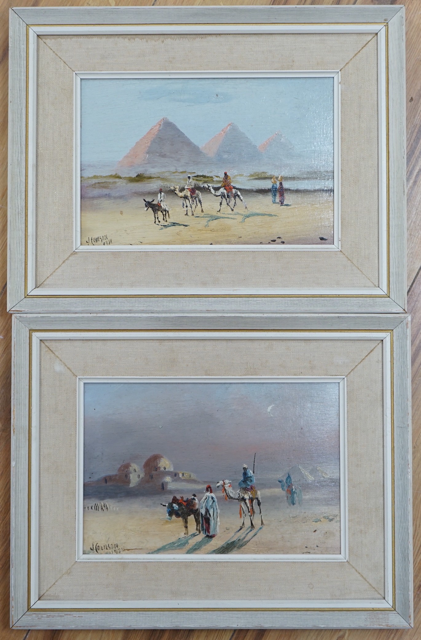 J. Coulson, pair of oils on board, Views of The Pyramids, signed, 15 x 22cm